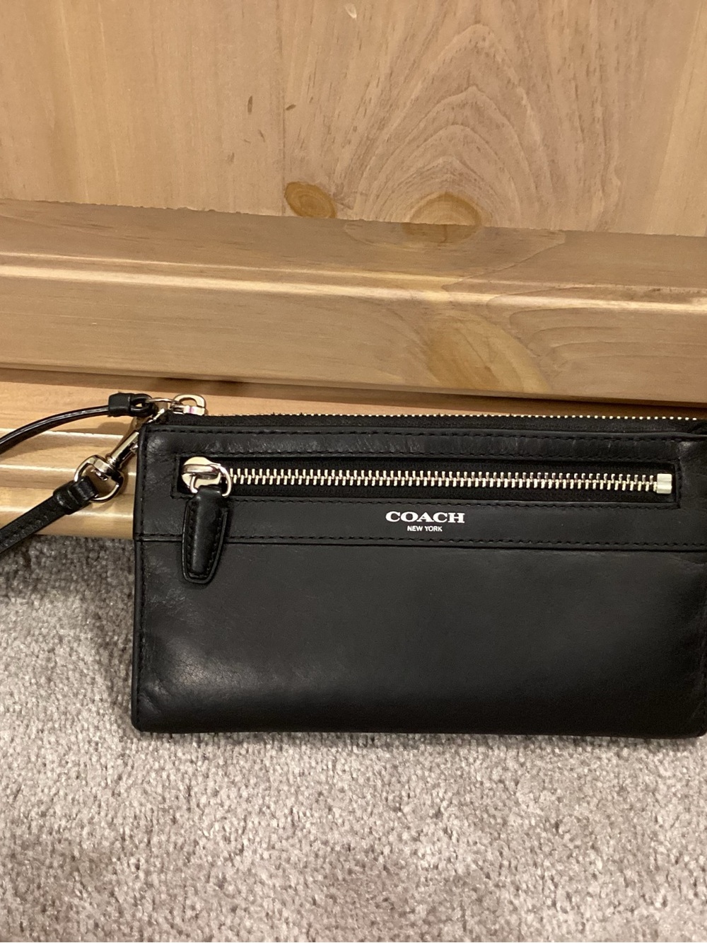 Coach Black Leather Wristlet with Front Zip Pocket